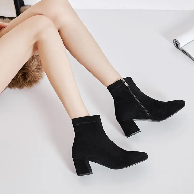 

Big Size 9 10 11 12 Square-headed plain suede thick-heeled zipper boots