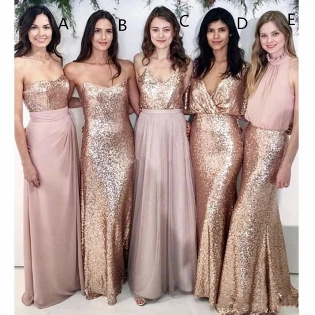 Cheap Modest Blush Pink Beach Wedding Bridesmaid Dresses with Rose Gold Sequin Mismatched Wedding Party Maid of Honor Gowns Women Cheap Modest Blush Pink Beach Wedding Bridesmaid Dresses with Rose Gold Sequin Mismatched Wedding Party Maid of Honor Gowns Women