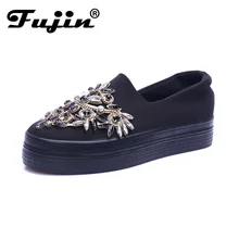 2017 Rhinestone women platform shoes breathable black crystal shoe creeper for lady slipony slip on thick sole luxurious flats