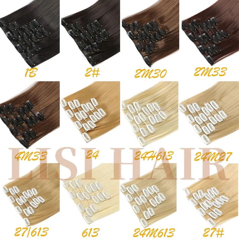 LISI HAIR Six Piece 56Cm 24 Inch Long Synthetic Hair 16 Clips Synthetic Fake False Hairpiece Clip In Hair Extension