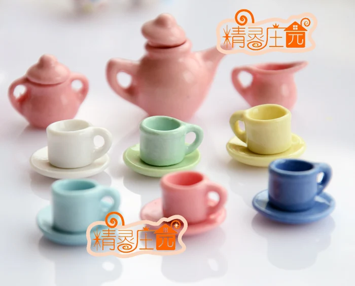 

1:12 Doll House Tableware Porcelain Miniature Tea Sets Mini Teapot Coffee Plate Miniature Tea Cups Set China Dining Ware 15pcs