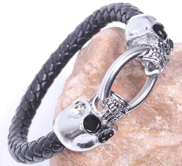 

Gothic Rock Charm Handmade Metal North Skull Head Bracelets & Bangles Leather Vintage Punk Ghost Biker For Woman Mens Jewelry