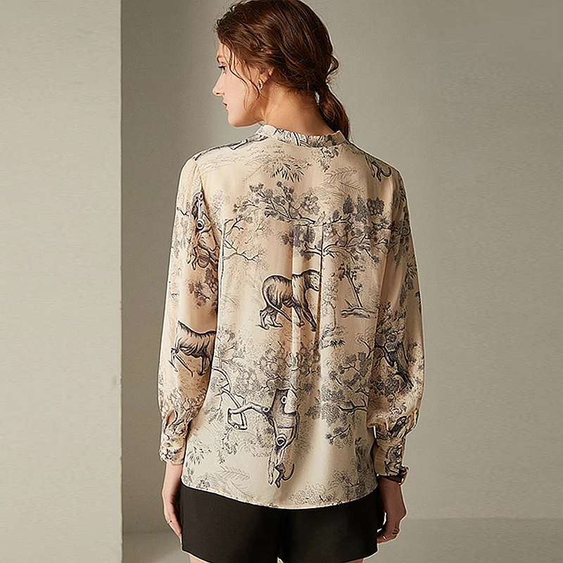 100% Silk Blouse Women Plus Sizes Shirt Vintage Printed Button O Neck Long Sleeve Pullover Top New