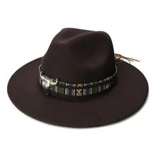 LUCKYLIANJI Ретро Женщины Мужчины Винтаж шерсть широкополая шляпа Федора панама джаз котелок шляпа голова быка плетеный ремень(57 см/регулируется