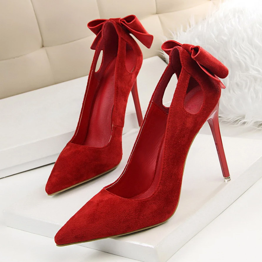 

2019 Flock Women Pumps Bowknot 10.5cm High Heels Shoes Woman Pointed Toe Ladies Evening Party Shoes Stiletto Shoes