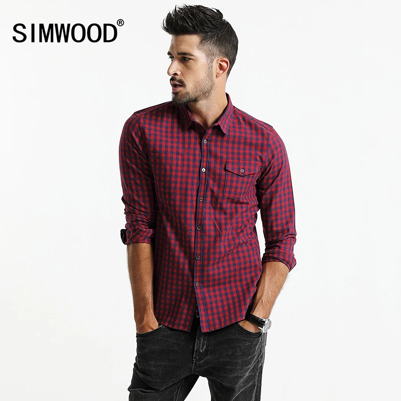 

SIMWOOD 2018 Autumn New Plaid Shirt Men Long Sleeve Slim Fit Imported Clothing 100% Pure Cotton High Quality Plus Size CC017014