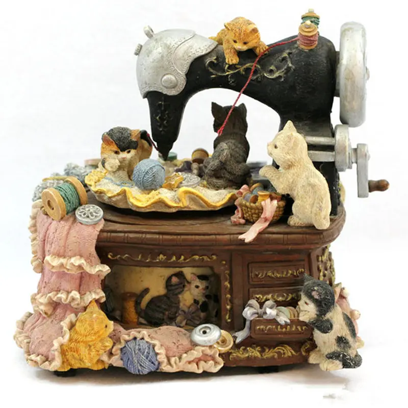 

Home Decoration Statues For Vintage Sewing Machine Rotating Music Box Cute Cat Music Box Resin Crafts Creative Christma