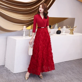 

2020 Wine Red Evening Dresses Elegant Lace Evening Gowns Long Formal Evening Dress Styles Women Prom Party Dress LF230