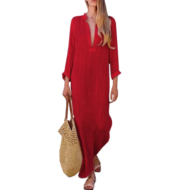 

Fashion Women Baggy Loose Solid Color Long Sleeve V Neck Maxi Dress 2018 Amazon Autumn And Winter Women Loose-Fit V-neck Slit Dr