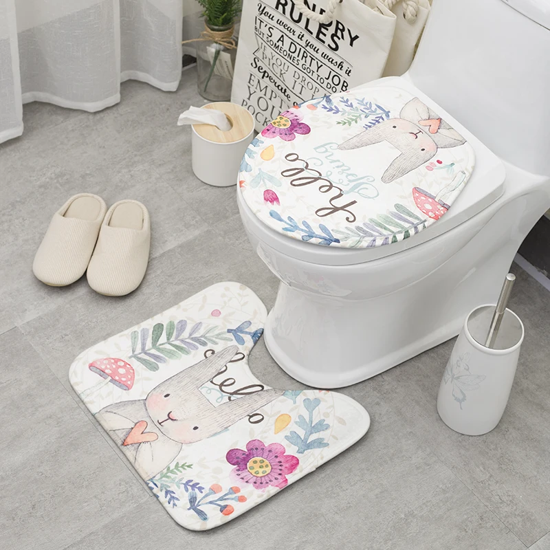 

2pcs Cartoon Animal Pattern Bathroom Set Carpet Absorbent Non-Slip Coral Fleece Floor Bath Mats Washable Bathroom Toilet Rugs