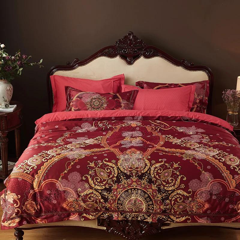 

2017 Bedding Set 100% Cotton Queen Duvet Cover Satin jacquard red Boho Bed Sheet Sets King Size 4pcs Jogo de Cama