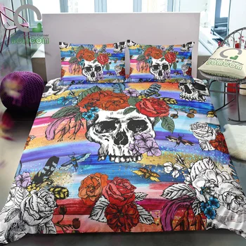 

BOMCOM 3D Digital Printing Skull and Flowers Day of the Dead Pattern Vintage Skull Sketch Skull Duvet Cover Set 100% Microfiber