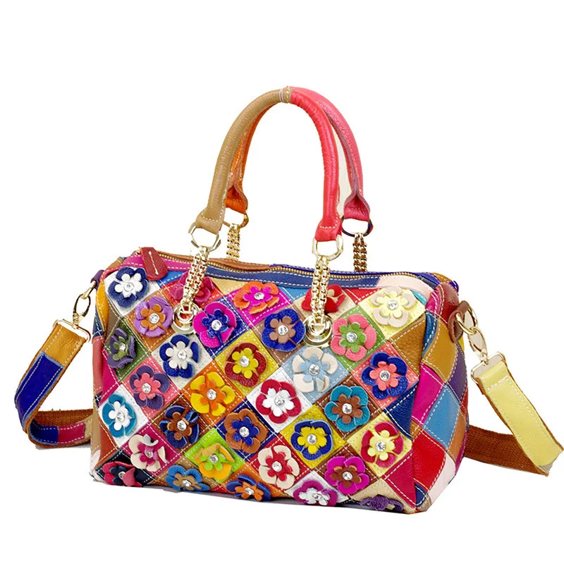 

YIQIN BERYL Brand Designer Women Bags New Fashion Colorful Flower Genuine Leather Shoulder Bags Color Blocking Totes for Women