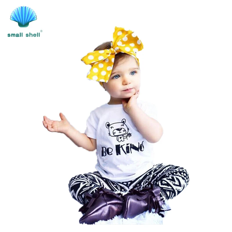 

small shell 2016 summer style children kids clothing sets baby girls clothes suits be kind Cute bear printing 2PCS F0022