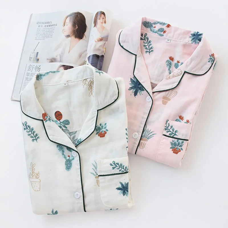 

Japanese Kimono Tradition Pure Cotton Gauze Pajamas Sets Women's Long-sleeved Grass Cute Yukata Spring Autumn Home Service Suit