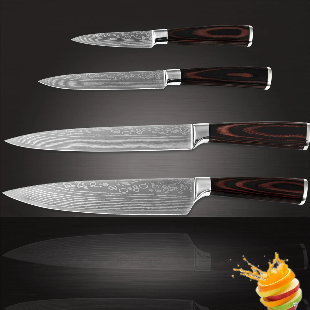 

Hot sellers 7CR17 stainless steel knife paring utility slicing chef kitchen knives four-piece set damascus pattern cooking tools