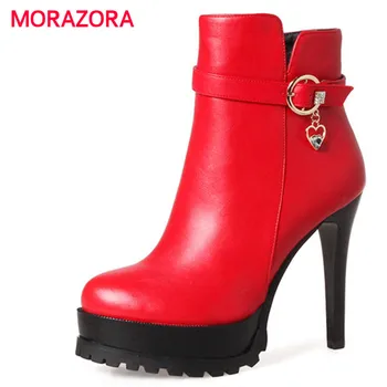 

MORAZORA big size round toe super high heel ankle boots for women square heel platform boots autumn winter zipper ladies boots