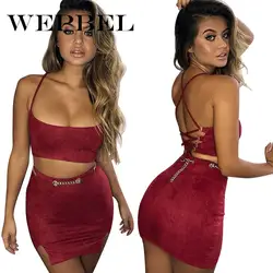 WEPBEL сексуальный Бархатный комплект из 2 предметов, укороченные топы со шнуровкой и юбки с высокой талией, летние женские вечерние Клубные