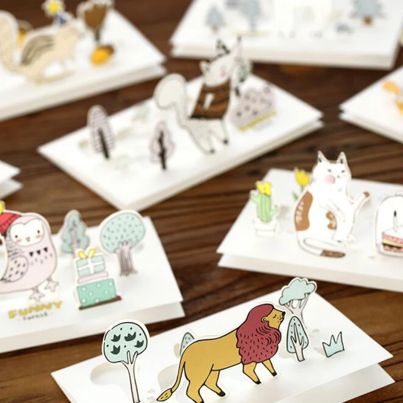 

Free Shipping Cartoon Animals 3D Paper Folding Type Greeting Cards with Envelope Lion/Bear/Owl/Cat/Deer Birthday/Christmas Card