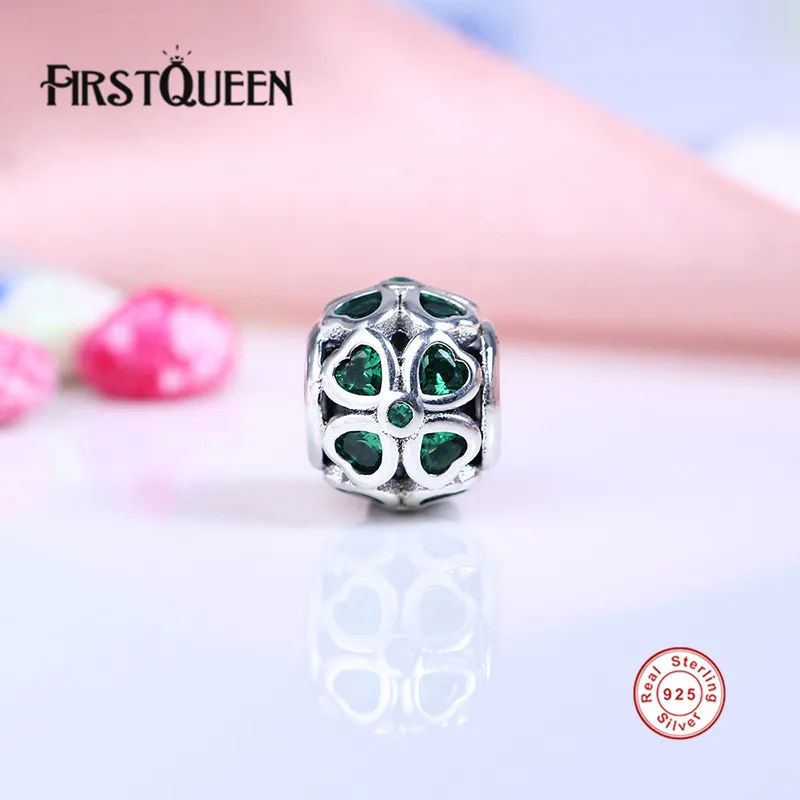 

FirstQueen REAL 925 Sterling Silver Green Lucky Clover Charm Fit Original Bracelet Necklace Authentic Fine Jewelry Women E
