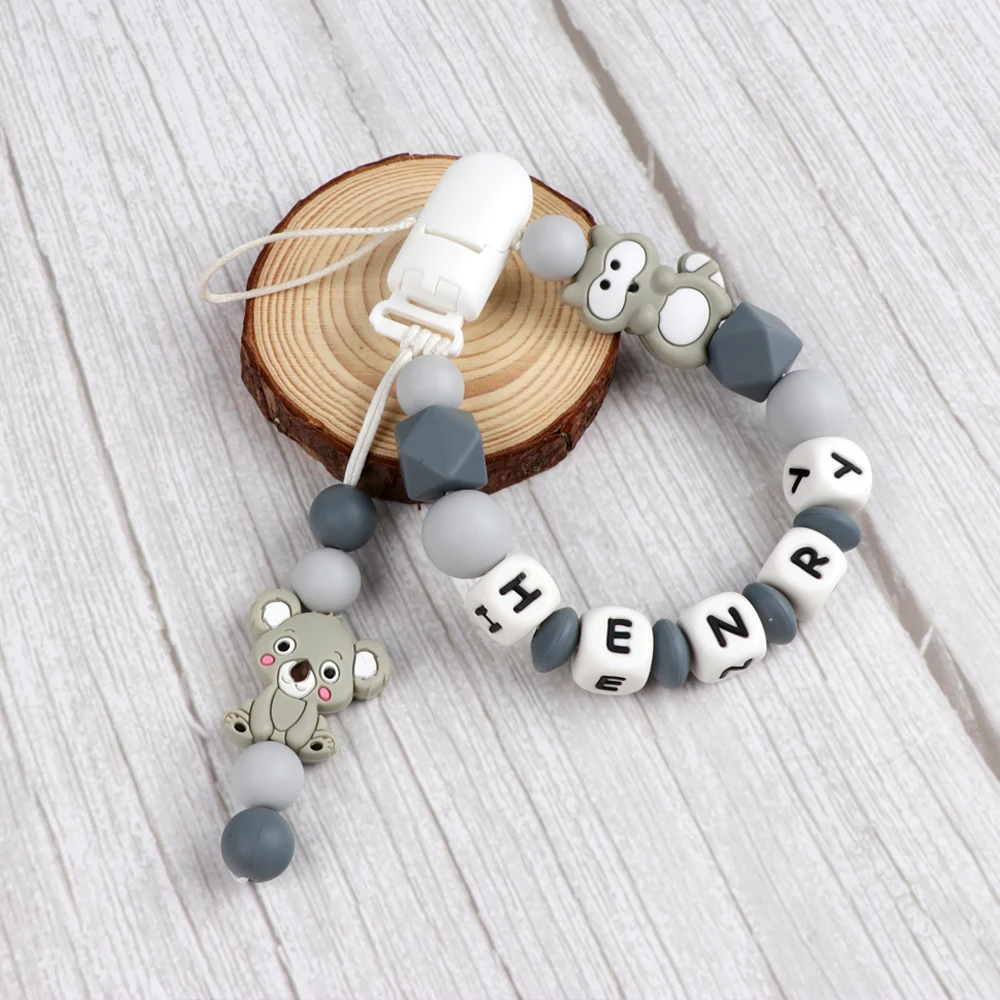 

TYRY.HU Personalized Name Handmade Silicone Pacifier Chains With Raccoon & Koala Silicone Baby Pacifier Dummy Clips Holder Chain