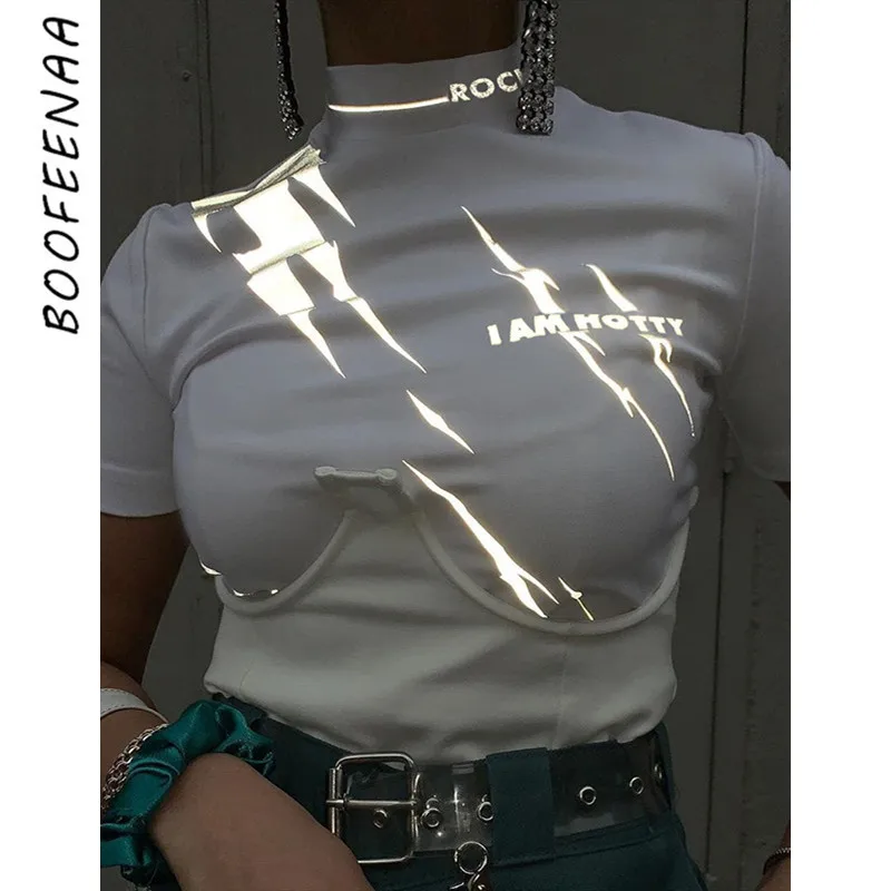 

BOOFEENAA Fashion Reflective Letter Print White T Shirt Graphic Tees Women Short Sleeve Crop Tops Streetwear Clothes C67-H59