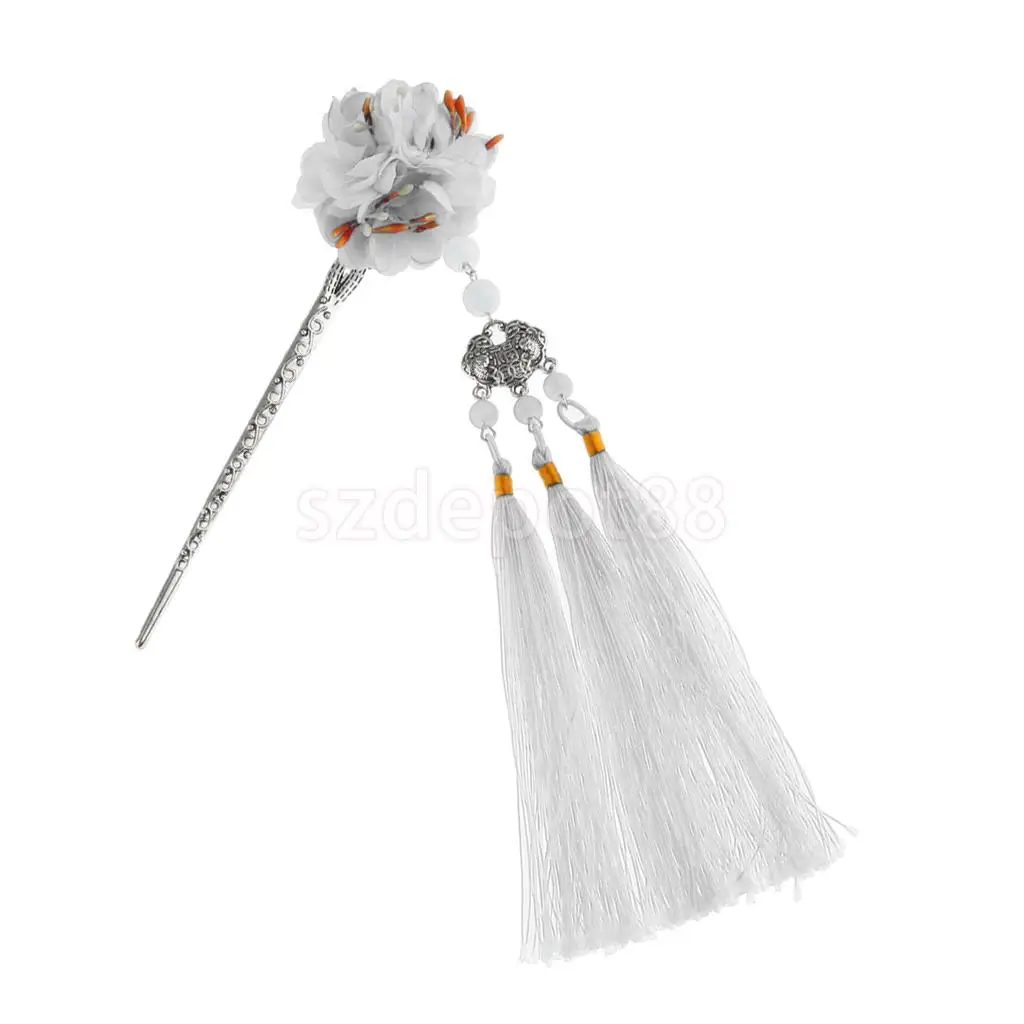 Заколка для волос с цветами Kanzashi Tassel Chignon Винтаж для кимоно Hanfu - Цвет: White