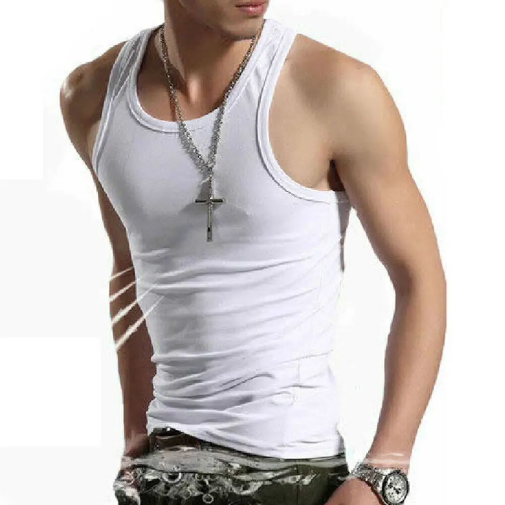 Men Summer Sleeveless Casual Cotton Vest Gym Sports Slim Fit Bodybuilding Tank Top Black Gray White