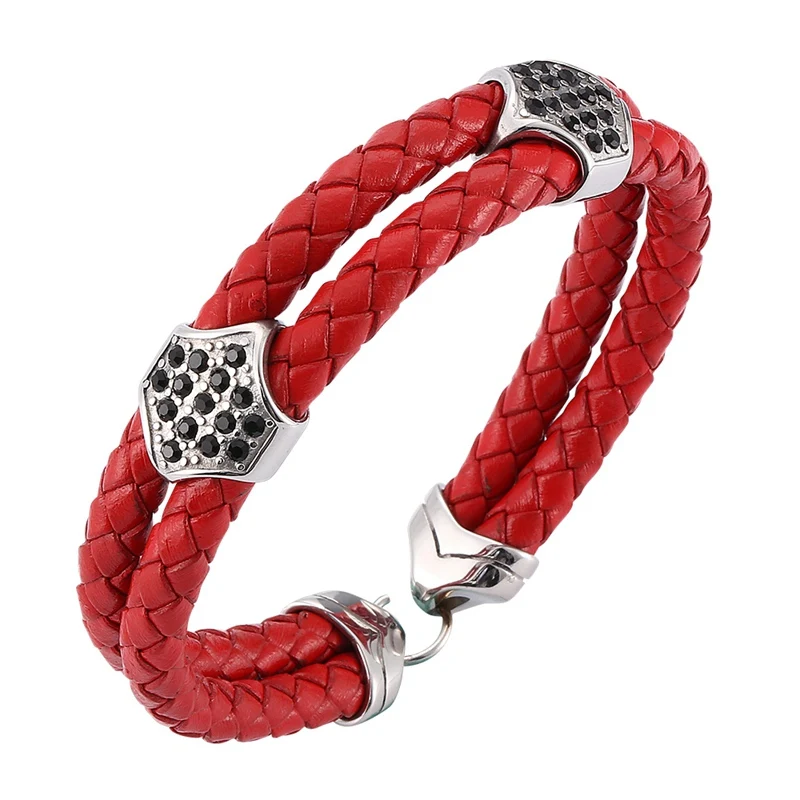 Fashion Unisex Jewelry Red Double Rope Braided Leather Bracelet With