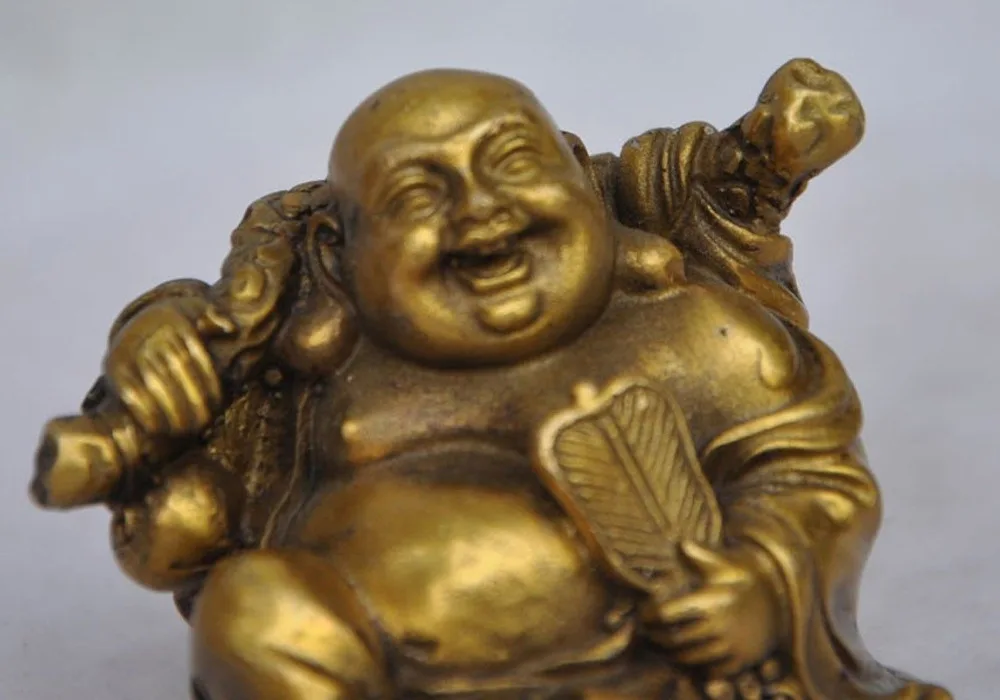 

S0987 Chinese Buddhism Brass happy laugh Maitreya Buddha wealth money bag Gourd Statue