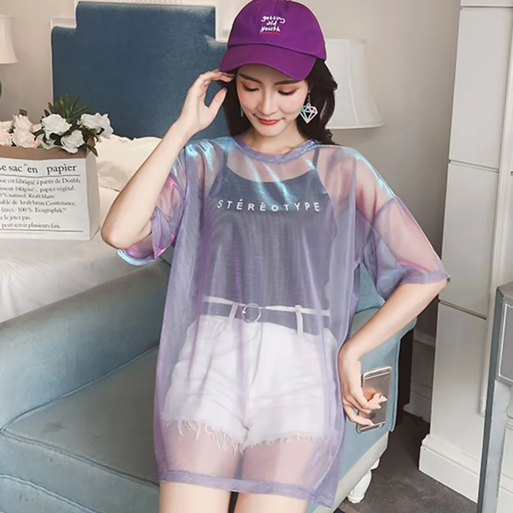 

Fashion Hollow Out T Shirt Women Sexy Transparent Summer Tops Ladies Short Sleeve Loose Two Set T-Shirts Women Tee Shirt
