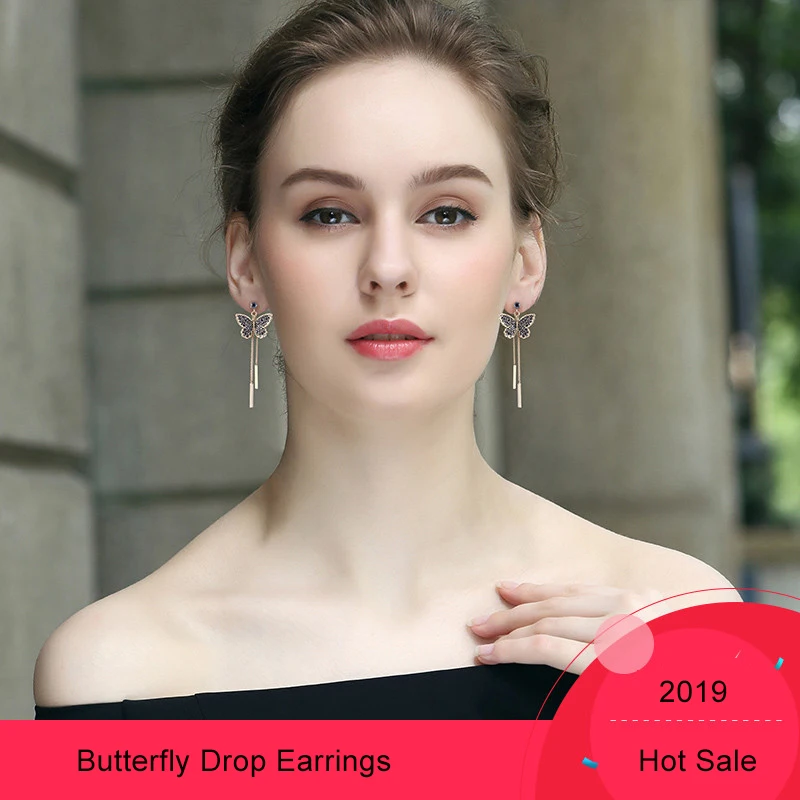 

Warme Farben 2019 Women butterfly Drop Earrings Long Chain Black Crystal from Swarovski 925 Silver Earring Ethnic Party Earrings