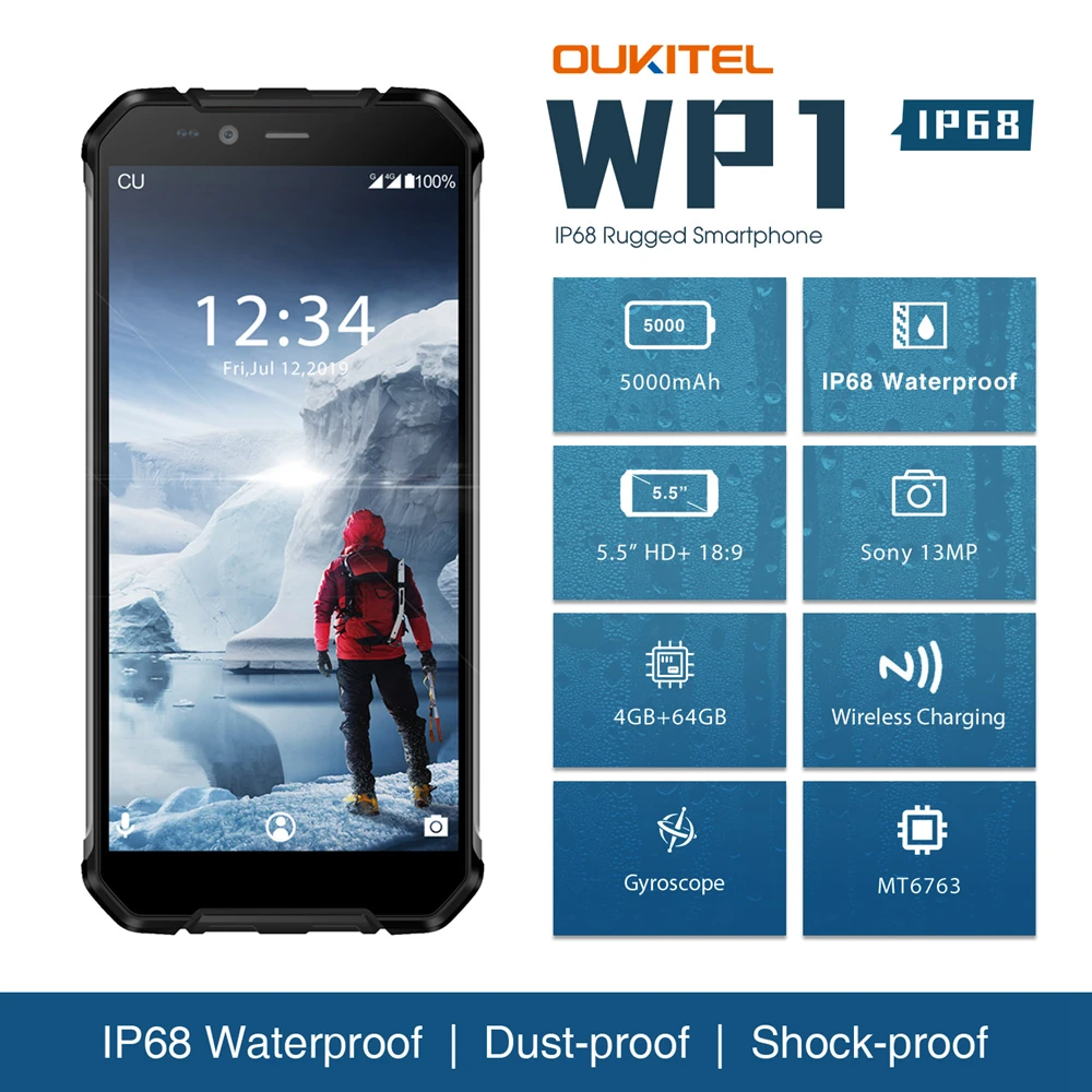 

OUKITEL WP1 IP68 Waterproof 5.5inch MTK6763 Octa Core HD+ 5000mAh 4GB+64GB Wireless Charging Tri-proof Smartphone Dual SIM Card