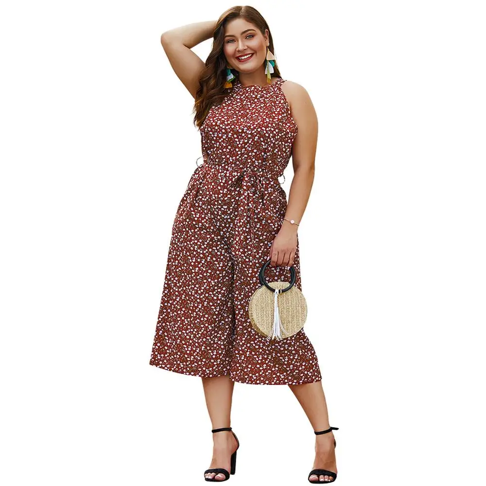 YZ Large Size Summer Jumpsuits Elegant Ladies 2019 New Romper Body Sleeveless Femme Straight Leg with Belt Cropped Trousers YZ Large Size Summer Jumpsuits Elegant Ladies 2019 New Romper Body Sleeveless Femme Straight Leg with Belt Cropped Trousers