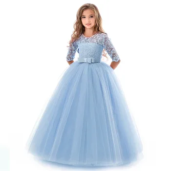 

Girls Wedding Formal Dress Elegant Blue Ball Gown For Flower Girls Children Party Embroidery Clothing Belle Bow Dress For6-14Yrs