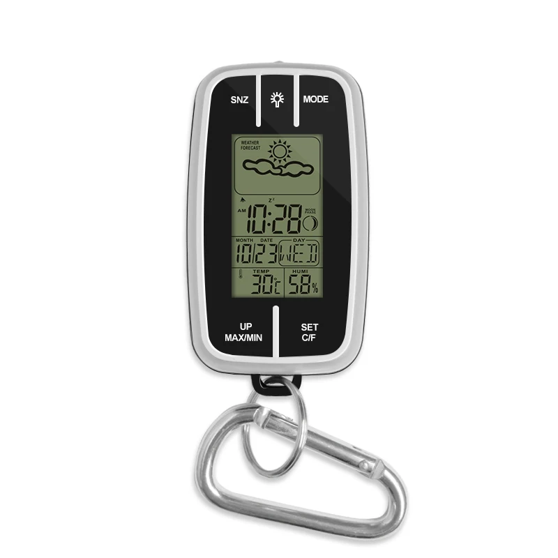 

Weather Forecast Temperature Humidity Meter LED Light Time Date Displaly Travel Portable Weather Station Alarm Clock With hook