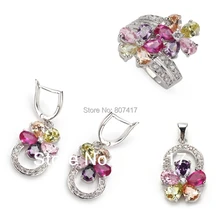 Pink Amethyst Morganite Peridot flor Cubic Zirconia joyería de plata plateó set ( anillo / pendiente / colgante ) 504 Unidades sz #6 7 8 9