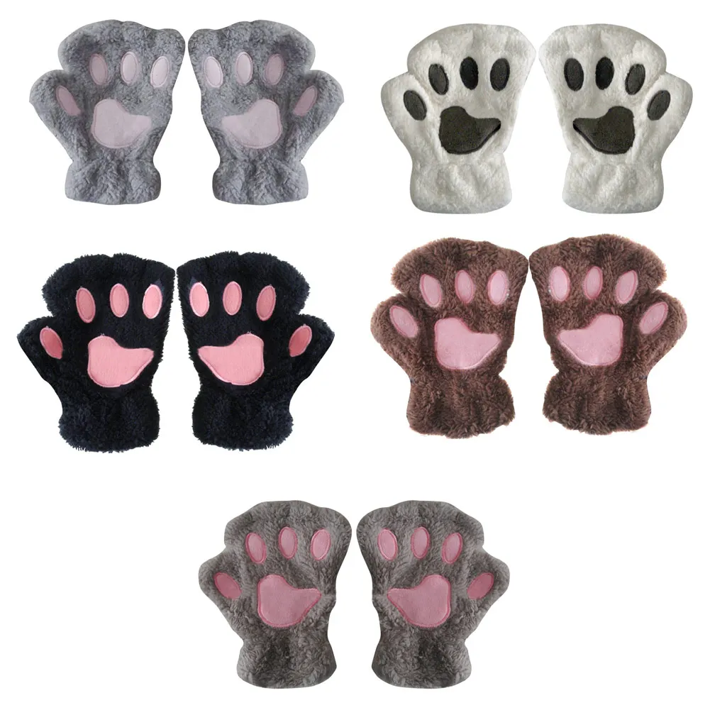 

Ladies animal paw Gloves Winter Fingerless Gloves Fluffy Bear Cat Plush Paw Claw Half Finger Glove Half Cover Woman Mitten hot