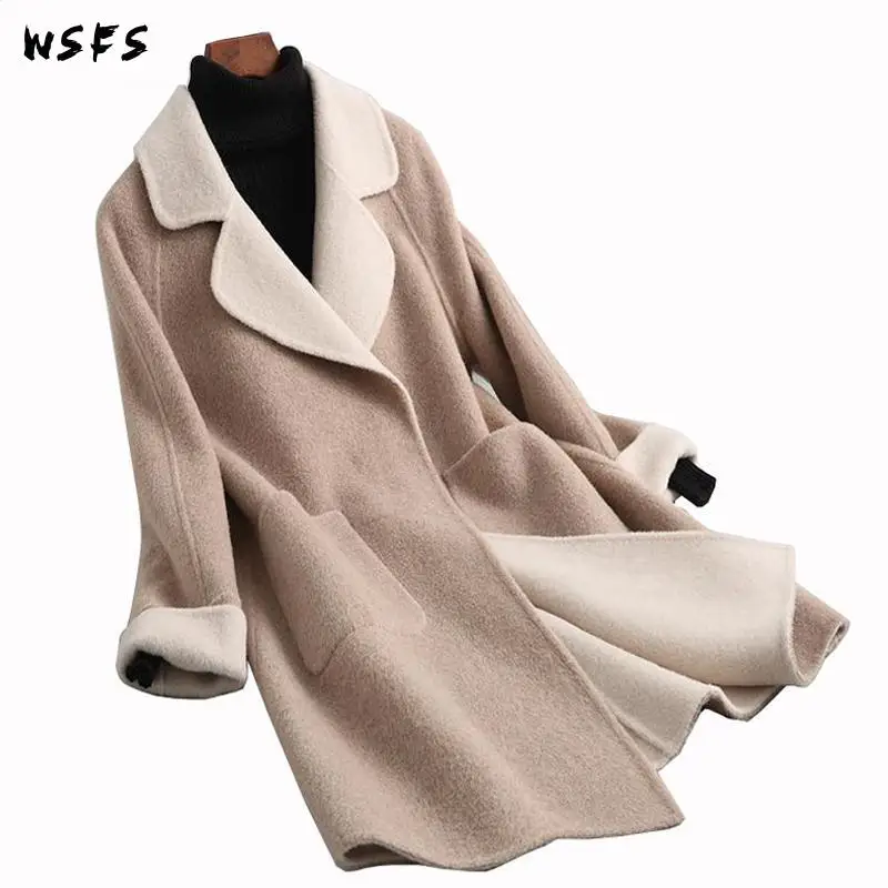 Winter Women Coat Beige Long Sleeve Sheep Wool Alpaca Cashmere Coats
