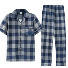 Summer Pajamas 100%Cotton Men's Pajama Sets Turn-down Collar Cardigan Soft Plus Size L-3XL Male Pyjamas Short Shirts+Long Pants