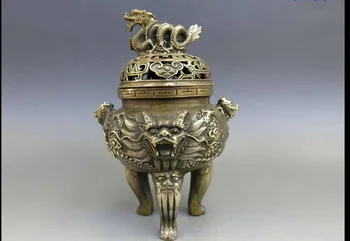 

zhmui8800626462+<<+China brass copper carved fine lucky five dragon Incense burner censer Statue