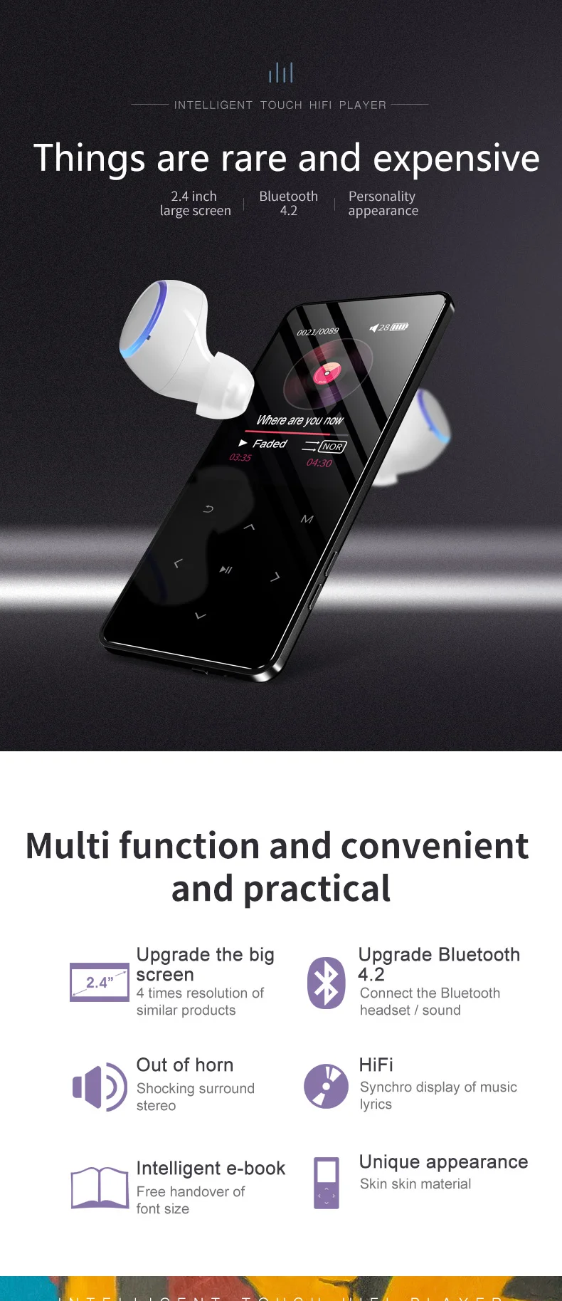 Bluetooth 4,2 сенсорный экран MP3 плеер Bulit-in 40G и динамик HIFI Lossess портативный тонкий MP3 плеер с FM люкс для бега
