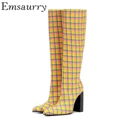 Высокая обувь, женские сапоги до колена на квадратном массивном каблуке с круглым носком и боковой молнией, модные рыцарские сапоги