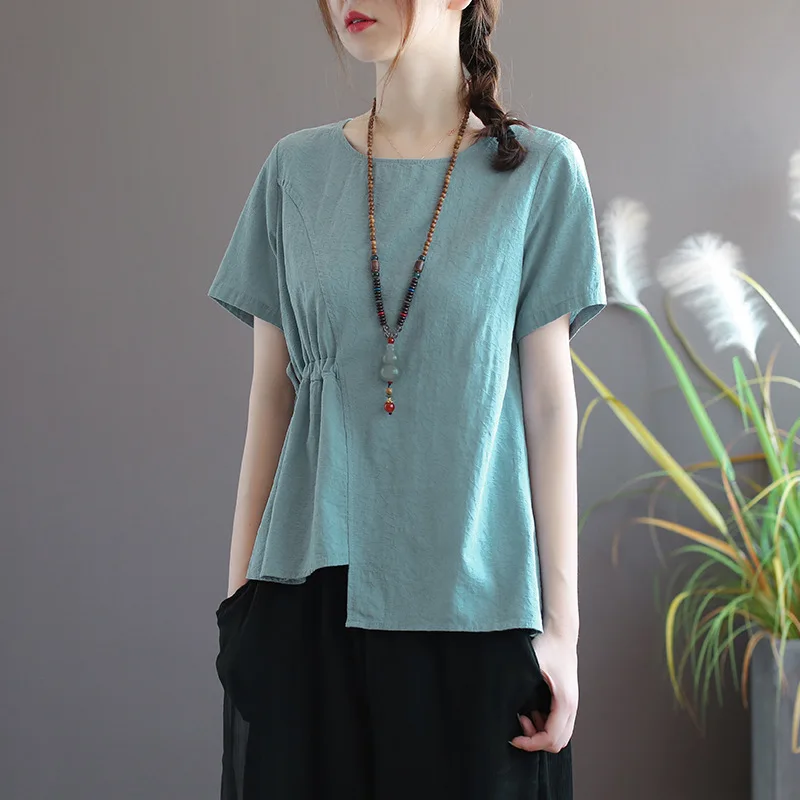 

BUYKUD 2019 Summer Women Solid Tops T-Shirt Casual Short Sleeve Irregular Linen Elastic Waist Female Shirts Plus Size
