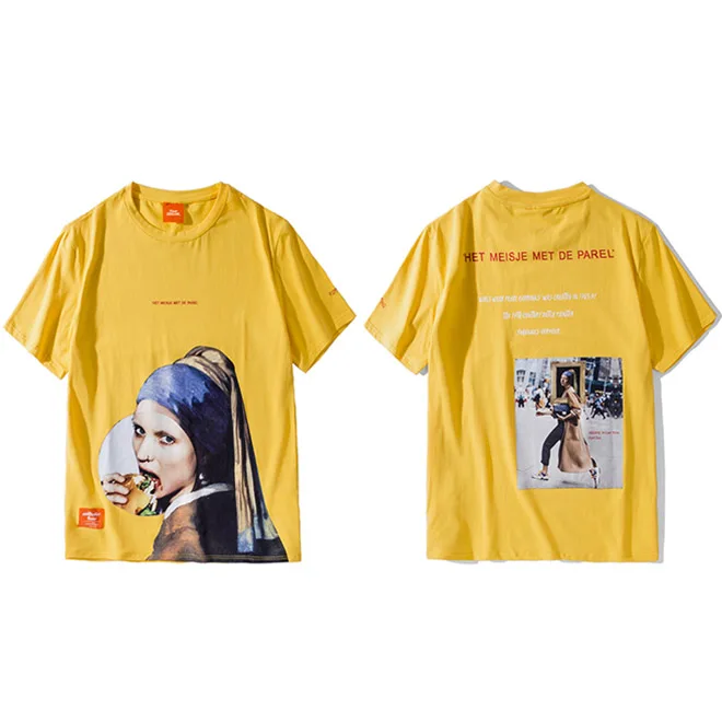Забавная футболка для девочек с жемчужными серьгами, Мужская футболка в стиле хип-хоп, уличная летняя футболка, хлопковые голландские топы, футболки с коротким рукавом - Цвет: A58SH203  Yellow