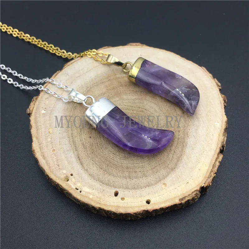 MY0848 Purple Quartz Horn Tusk Amethysts Pendant Necklace with Pure Gold or Silver Color Cap And Chain (1)