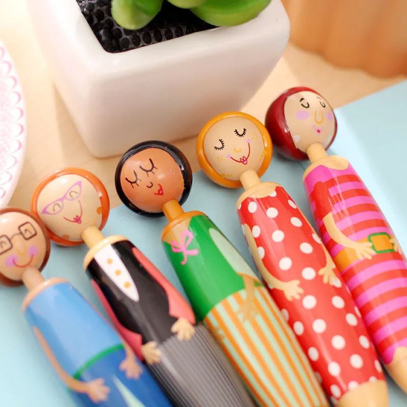 5 шт. кавайная кукольная шариковая ручка с деревянным изображением, новинка, роллер, канцелярские товары для школы, милая вещь, офисные крутые товары, стационарные