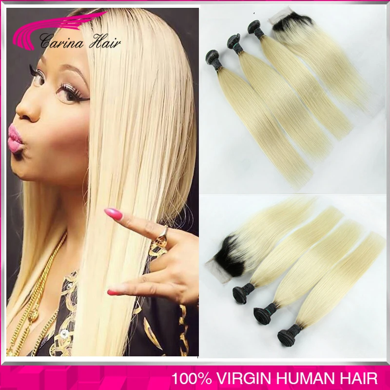 Ombre Closure With Bundles Peruvian Blonde Black Roots Extensions 1b/613 Straight 3PCS With Lace Closure 8"-30" Free Shipping