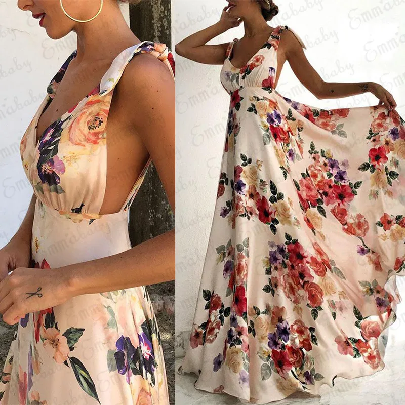 

Women Summer Boho Long Maxi High Waist Dress Summer Beach Sundress Loose Sleeveless Floral Backless Cocktail Party