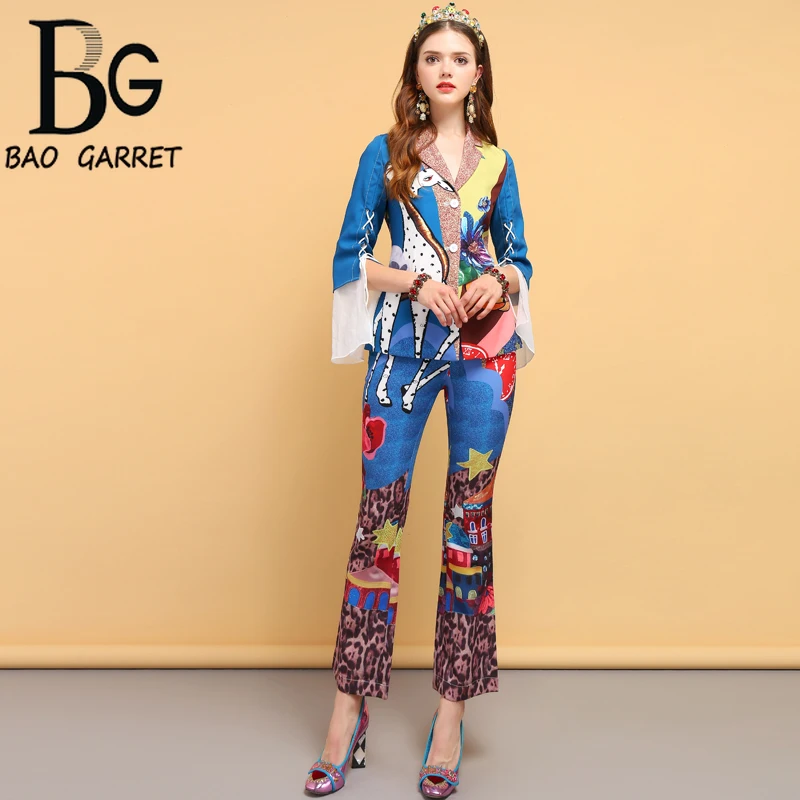 

Baogarret Fashion Designer Spring Vintage Suits Women's Bow Tie Animal Print Shirt and Floral Printed Pants 2 Pieces Set